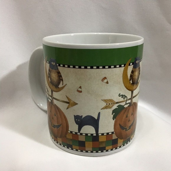 Debbie Mumm Halloween Weather Vane Pumpkin Owl White Black Cat Sakura Mug - Picture 7 of 7